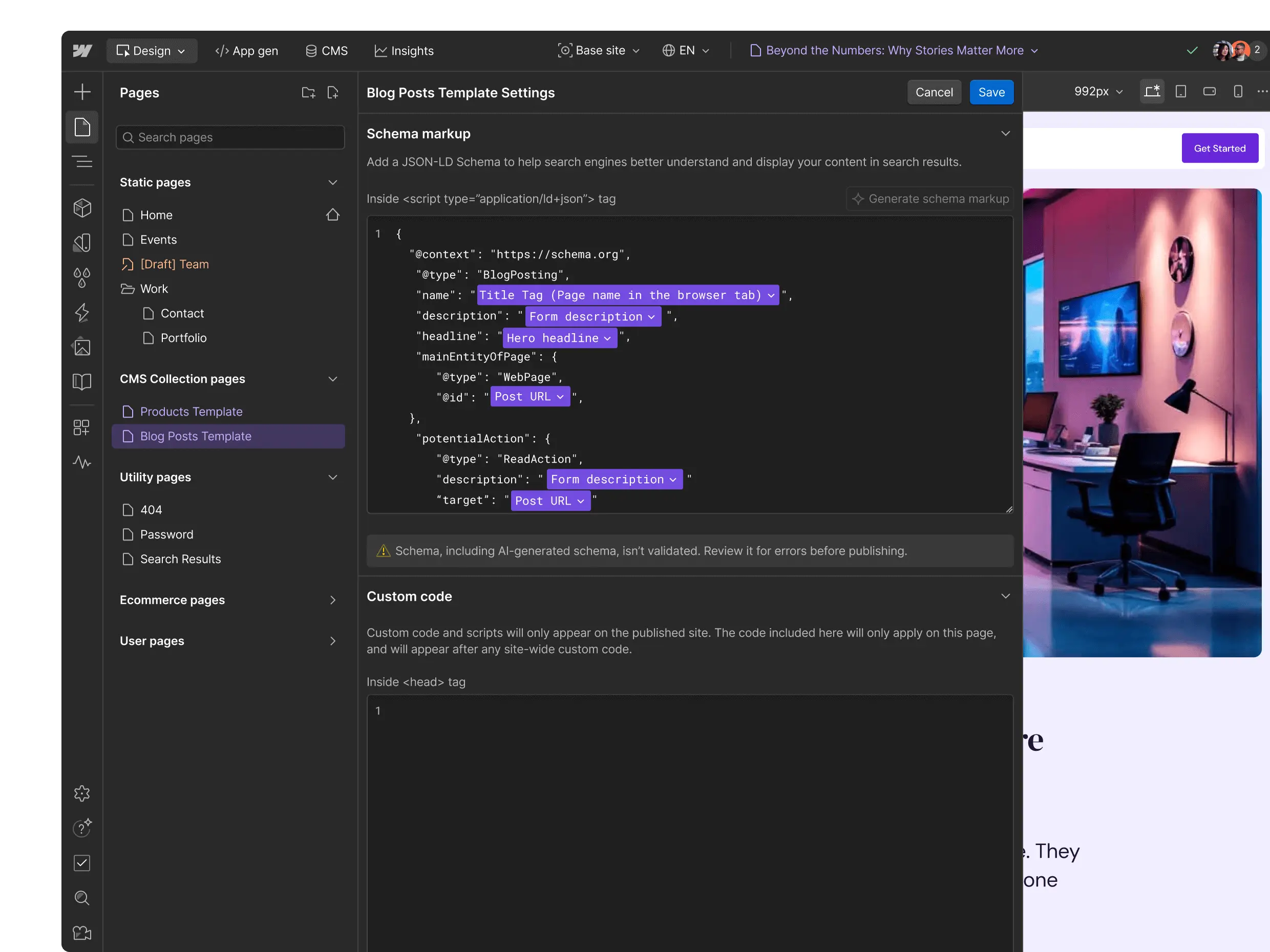 Webflow AI Assistant suggesting SEO improvements