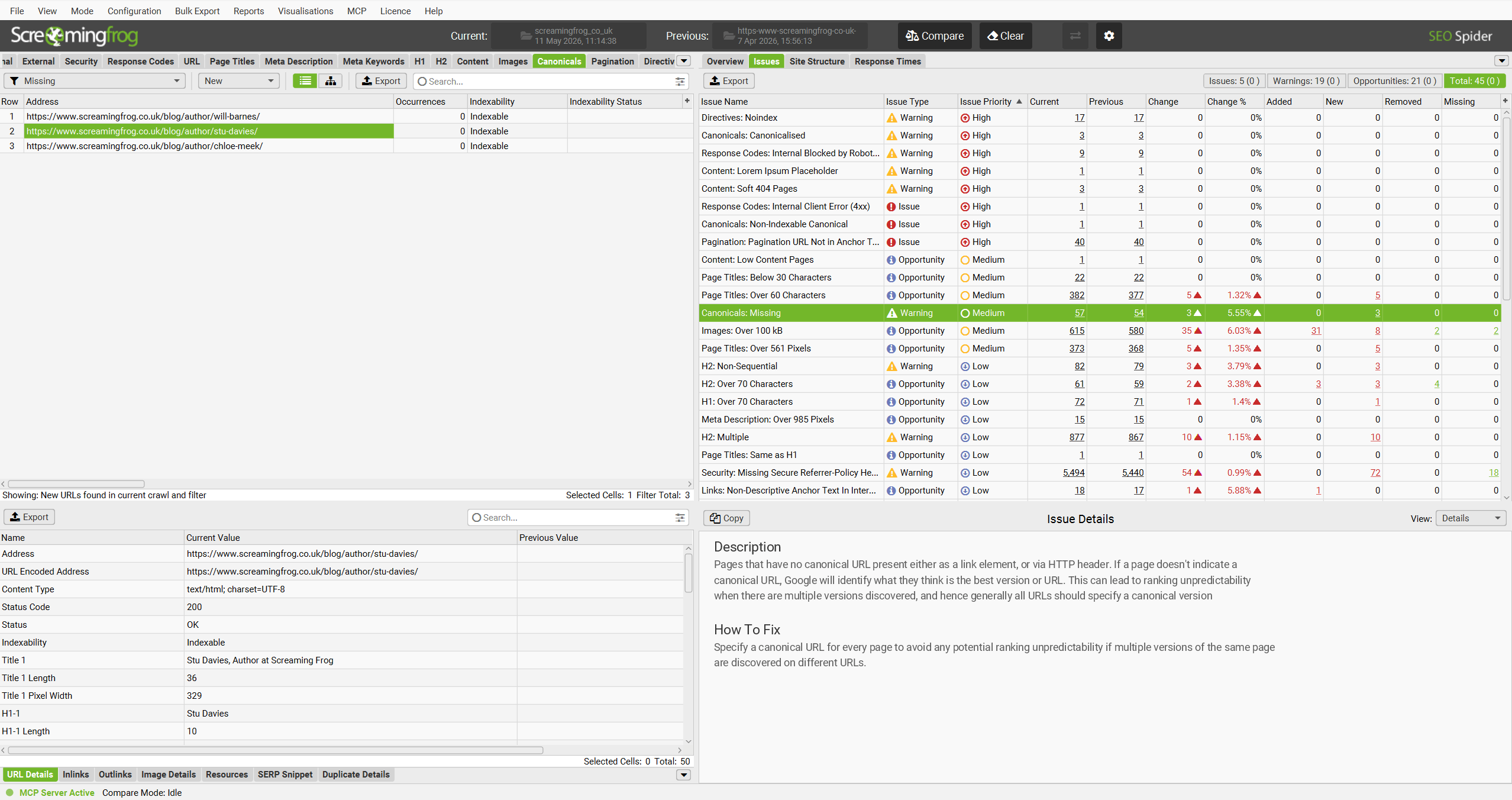 Screaming Frog SEO Spider crawl comparison view in version 24