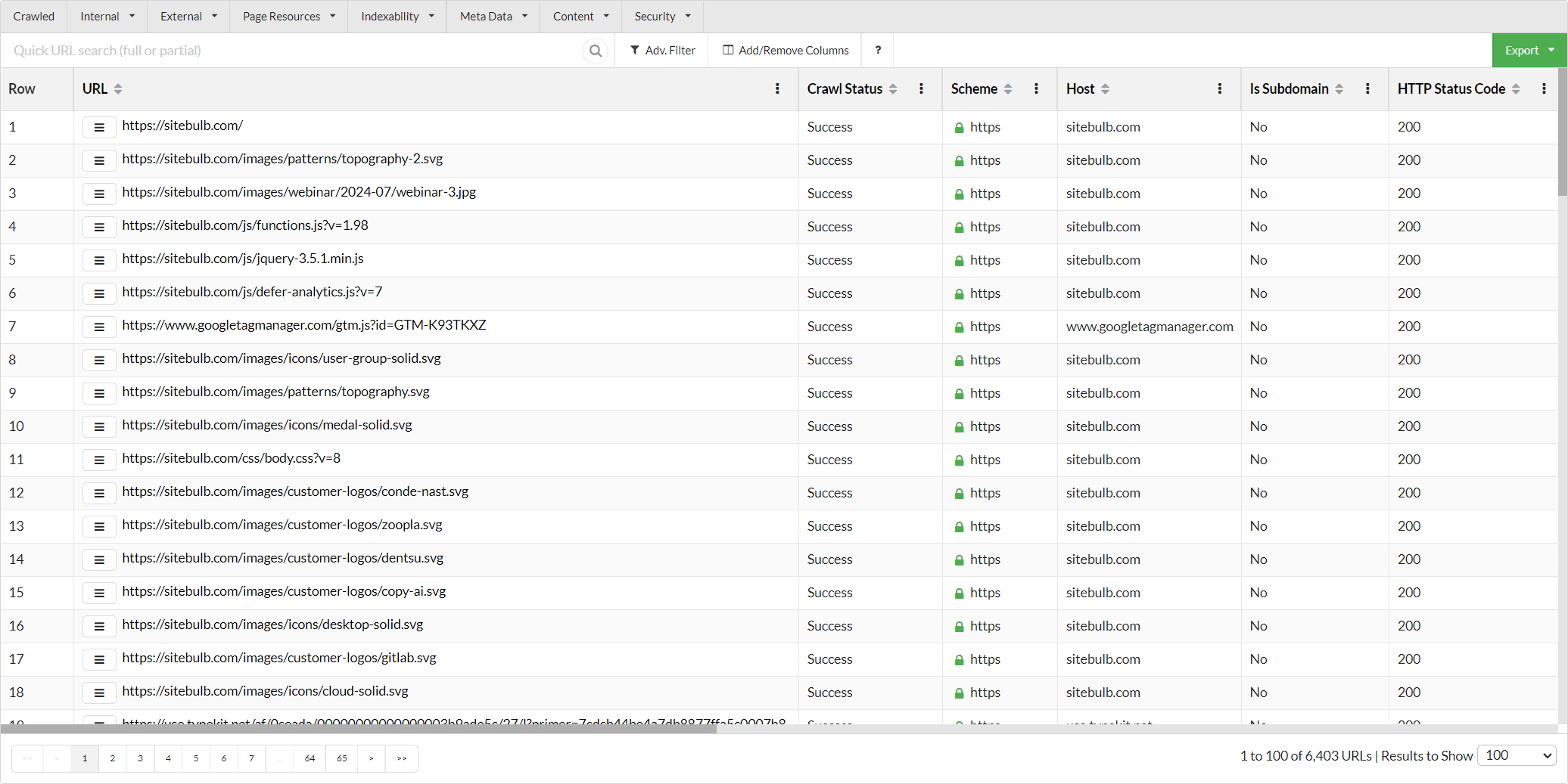 Sitebulb URL Explorer listing crawled pages