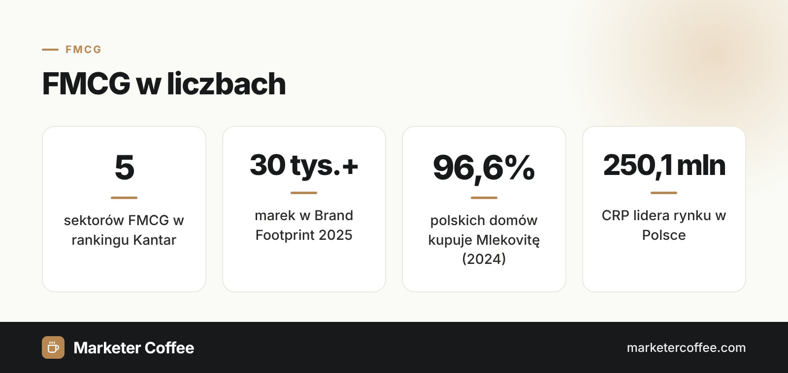 Infografika z danymi o rynku FMCG: liczba sektorów, liczba marek w rankingu i wyniki lidera w Polsce